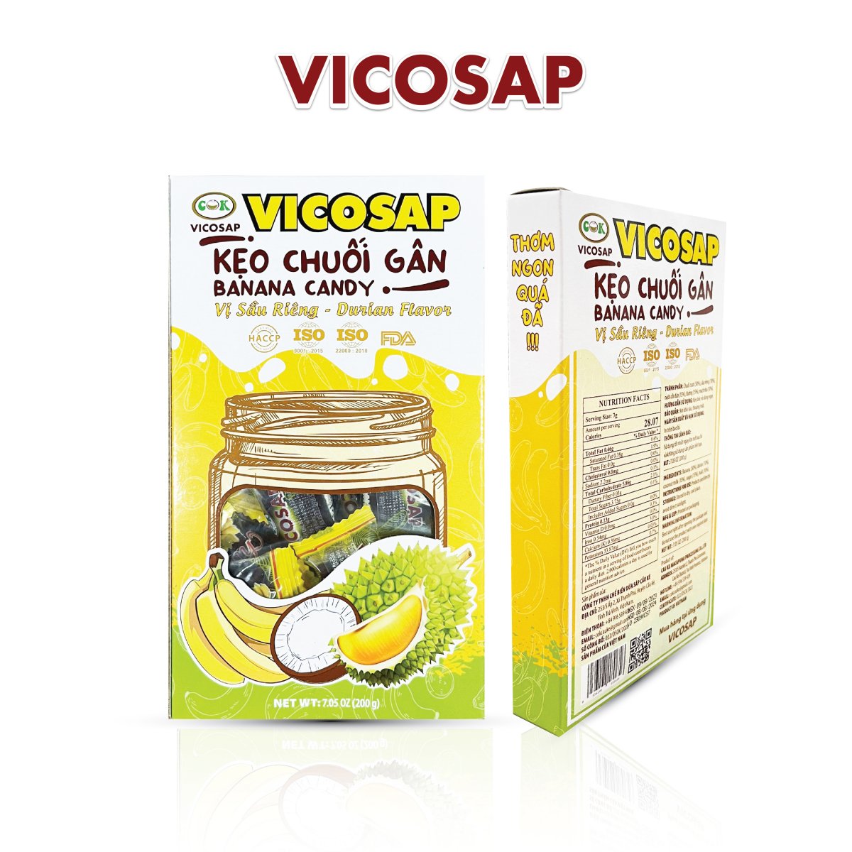Kẹo Chuối gân vị sầu riêng - hộp 200g - Vicosap